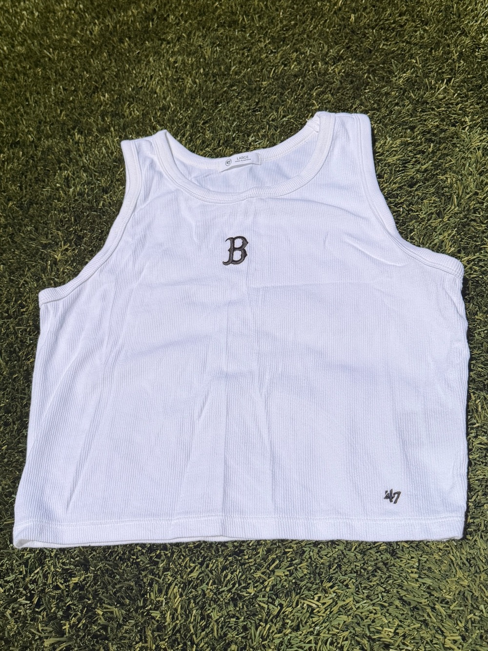 47 Boston Red Sox White Ribbed Cropped Tank with Black 'B' Embroidery
